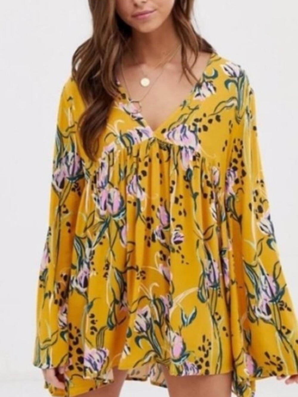 Free People Bella Golden Yellow Floral Print Tunic M - Picture 2 of 15